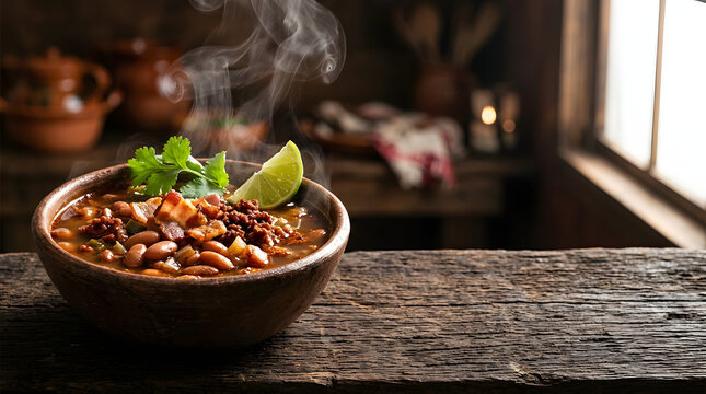Mexican frijoles charros bean soup in handmade clay bowl