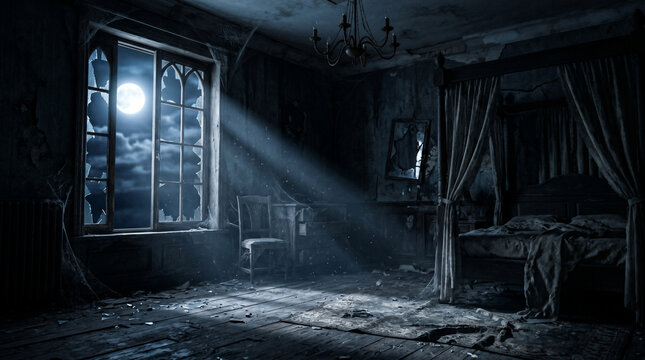 Haunted Chamber at Midnight: A moonbeam pierces the gloom of an abandoned, dilapidated bedroom, illuminating a four-poster bed, broken window, and an eerie chandelier.
