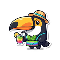 Obraz premium Toucan Wearing Hat Holding Drink.