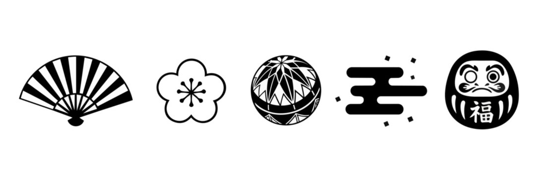 set of japanese traditional motifs icons in black and white