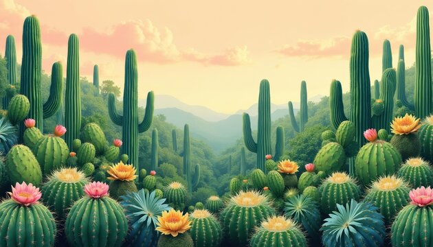 Green cactus forest blooms with pink and yellow flowers. Tall saguaro and round barrel types grow on hills. Soft pastel sky with clouds frames the desert landscape.
