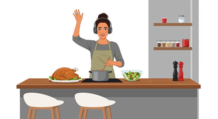 Woman cooking, waving, kitchen scene, Thanksgiving dinner, food preparation, vector illustration © Seth