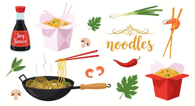 Asian noodle ingredients, cooking utensils, soy sauce, vector icons