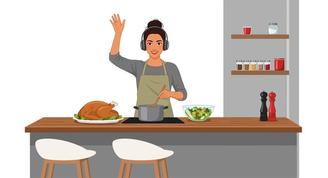 Woman cooking, waving, kitchen scene, Thanksgiving dinner, food preparation, vector illustration