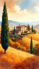 Obraz premium Italian Tuscan villa sits atop golden hills under warm sky. Cypress trees, autumn foliage frame serene countryside scene. This artwork evokes peaceful rural beauty, Mediterranean charm for viewers.