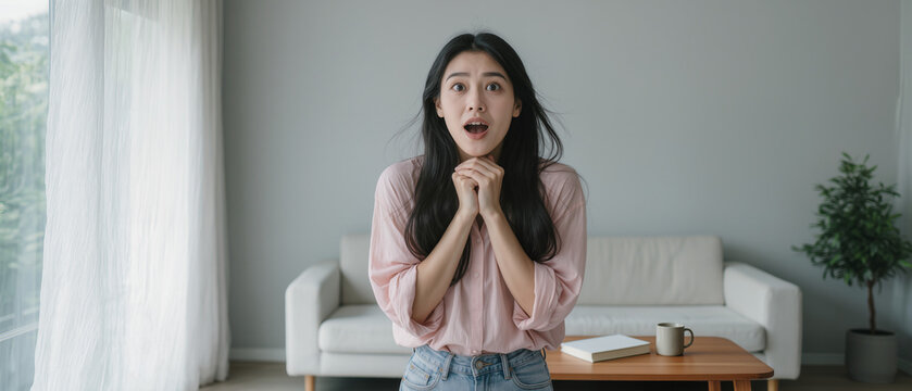 feeling mood reaction openart.ai concept. Woman with anxious expression standing in a living room, hands clasped, seeming to plead or hope for something.