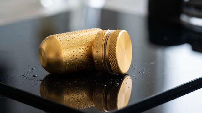 Watertight gold anodized capsule with micro droplets on mirrored black acrylic for luxury product design