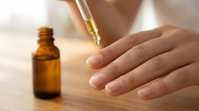 Hand applying amber cuticle oil from dropper bottle on wooden surface