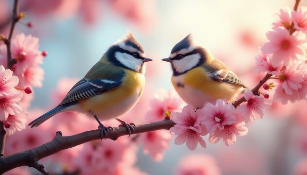 Two small blue tits perch on branch covered in soft pink cherry blossoms. Birds look at, surrounded by delicate petals, soft light. Charming scene celebrates new beginnings, beauty of spring nature