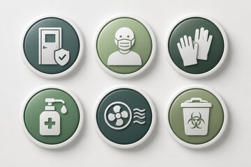 Fototapeta premium Set of circular health and safety icons with mask gloves sanitizer ventilation and biohazard symbols