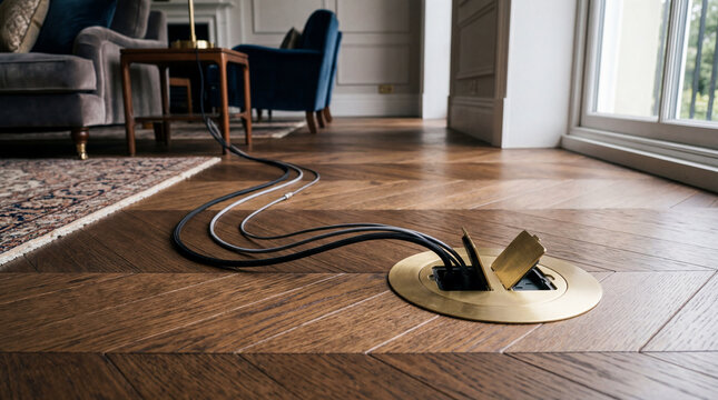 Floor outlet box with brushed brass cover and emerging cables for luxury interior electrical design