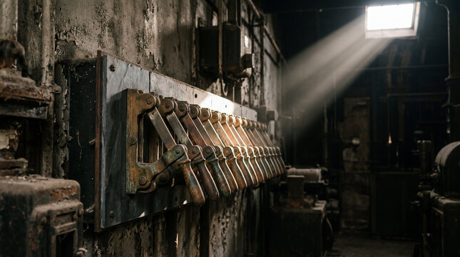 Vintage Knife Switch Bank Inside Abandoned Power Plant With Industrial Electrical History Atmosphere Moody Photography