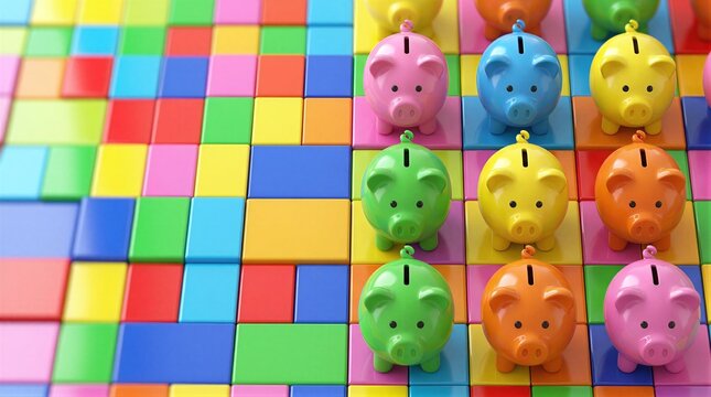 A close-up view of colorful piggy bank on a checkered surface.
