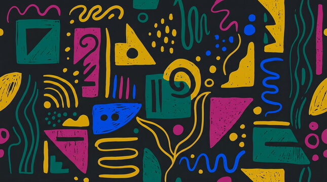 Bright shapes, lines, and patterns fill the space in a creative display. Colors contrast against the dark background to create a bold visual experience