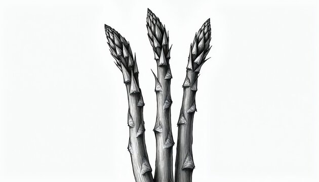 Monochrome botanical line drawing of three fresh asparagus spears. Natural plant detail shows textured stalks, spear tips, ready for culinary use. Elegant simple graphic art for healthy food concepts.