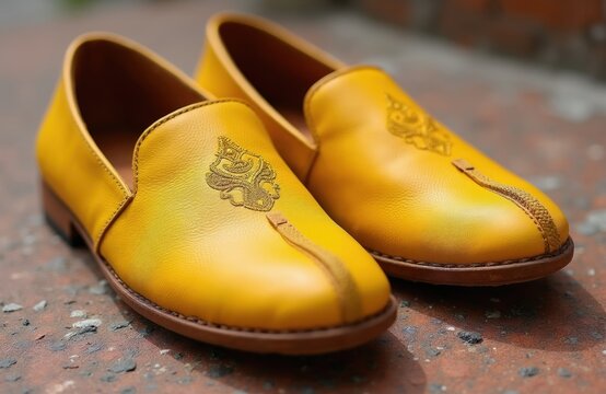 Bright yellow leather babouche slippers, traditional Moroccan footwear with gold embroidery detail. These handmade slip-on shoes offer exotic style and cultural charm for travel or home wear.