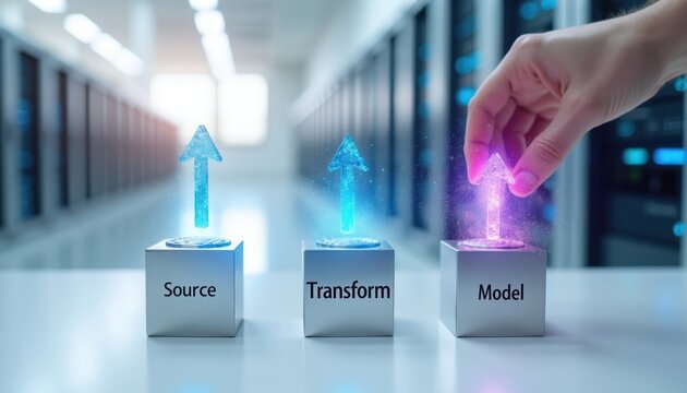 Hand interacts with glowing arrow data process. Cubes show source transform model stages. Server room background highlights tech innovation and digital transformation.