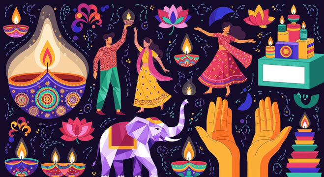 Diwali Celebration: People Dancing, Elephant, Diyas, and Rangoli Art