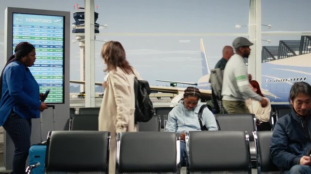 Women upset by delayed flight while commuting in airport transport hub overlooked by runway control tower. Tourists late for plane rushing through chairs in flight departure terminal, camera A