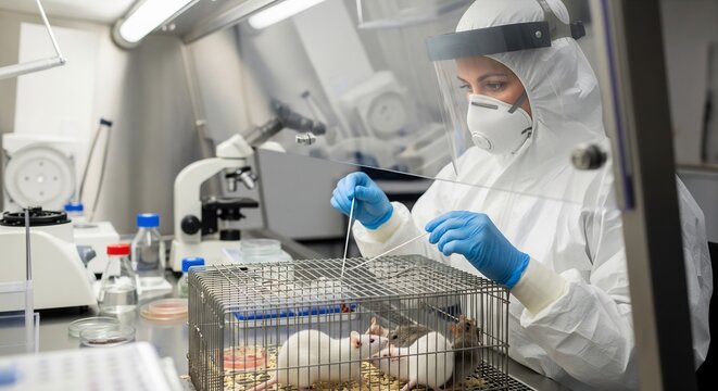 Scientist in Hazmat suit performs experiment with mice in laboratory