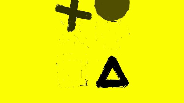 Abstract graphic elements with grunge texture on a vibrant yellow backdrop, featuring distressed hand-drawn plus, circle, and triangle shapes for modern design aesthetics