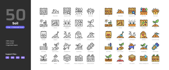 Soil icon set collection - colored outline line art style. Containing shovel arid farm soil fertilizer gardening grass irrigation root pollution research seeds soil care digging layers sample tester © Yumagema