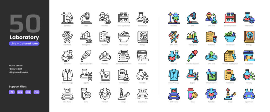 Laboratory icon set collection - colored outline line art style. Containing biology book breaker bunsen burner centrifuge DNA experiment flask formula lab coat report result technician microorganism