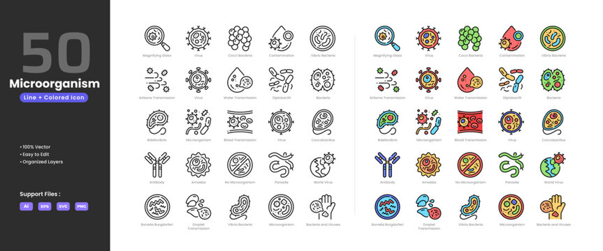 Microorganism icon set collection - colored outline line art style. Containing airbone transmission amoeba antibody bacteria virus bdellovibrio blood transmission borrelia burgdorferi coccobacillus.