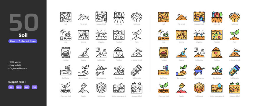 Soil icon set collection - colored outline line art style. Containing shovel arid farm soil fertilizer gardening grass irrigation root pollution research seeds soil care digging layers sample tester