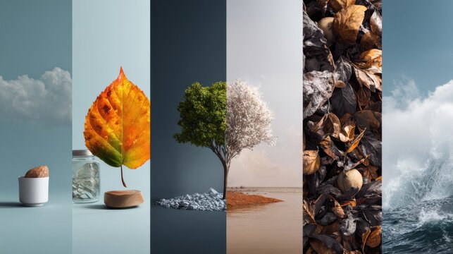 Seasonal contrast with leaf and tree panels showing spring, summer, autumn, winter transitions, textured backgrounds including sky, ocean, desert, snow, isolated elements creating visual metaphor