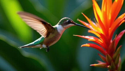 Fototapeta premium Tiny hummingbird suspended mid air near bright orange flower. Small bird drinks nectar with long beak. Wings blur with motion, nature scene.