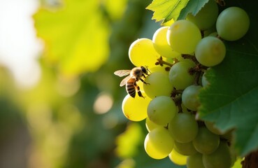 Obraz premium Honey bee gathers nectar from green grapes on vine. Sunlight illuminates cluster of ripe fruit and vine leaves. Insect works on healthy produce in summer vineyard.
