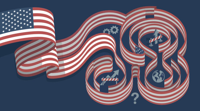 American flag ribbon with industrial and global symbols on blue background