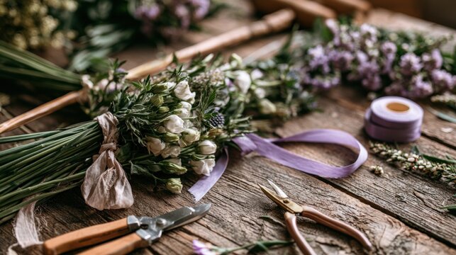 Rustic floral workshop with dried bouquets and tools scattered across weathered wooden table, twine, ribbon, pruning shears, botanical clippings, warm natural light, artisan preparing sustainable