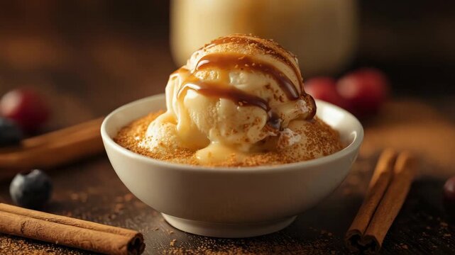 Caramel ice cream scoop over warm baked custard with cinnamon drizzle cozy dessert bowl indulgence