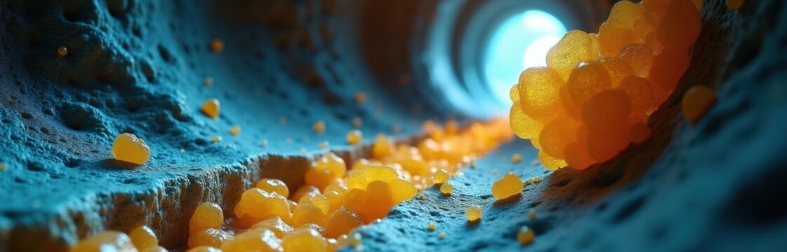 Microscopic view inside blocked artery. Yellow cholesterol buildup narrows blood vessel lumen. Calcified deposits cause arterial wall damage. Light at end signifies hope or passage.