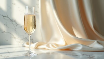 Naklejka premium Champagne glass full of bubbly drink on marble surface. Smooth silk drapery adds luxurious feel. Perfect for celebrations and festive events.