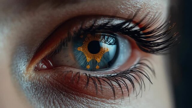 Close up blue eye with long eyelash, macro golden mechanical iris wonder and calm closed eyelid