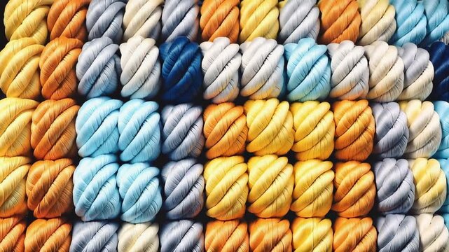 Yarn is organized neatly on shelves in a craft store. Various colors and textures are visible. People pick out yarn for their projects. The store is bright and inviting.