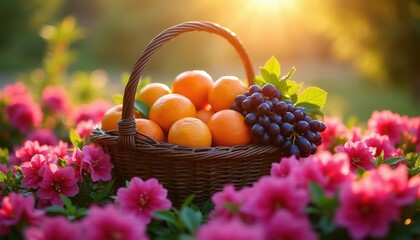Obraz premium Wicker basket holds fresh oranges and dark grapes surrounded by pink flowers. Sunlight shines on summer harvest. Natural beauty with vibrant colors.