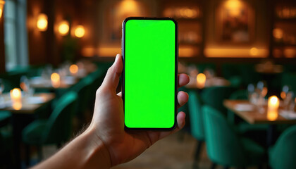 Naklejka premium Person holds mobile phone with green screen in fancy restaurant. Use for app promotion digital menu or booking service. App display on device.