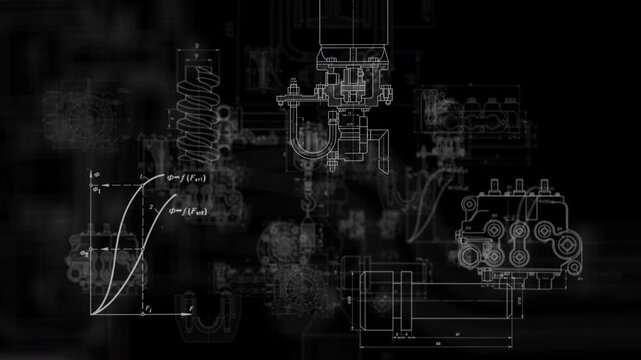 Animated collage of vintage mechanical blueprints and technical drawings on black background