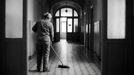 Fototapeta premium Older Worker Cleaning Hallway with Mop in Long Black and White Corridor