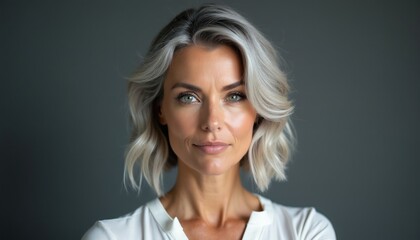 Fototapeta premium Mature woman with layered blonde hair smiles softly in a studio portrait. She wears a white shirt against a gray background, showing elegance and sophistication with makeup.