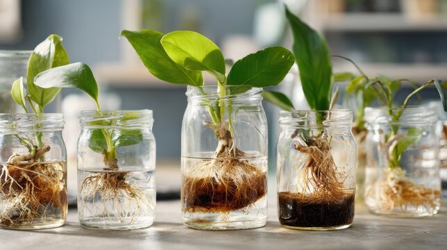Green cuttings with visible roots in waterfilled jars, indoor propagation setup on windowsill showcasing hydroponic growth, clear glass, root detail, plant care and sustainable urban gardening vibe