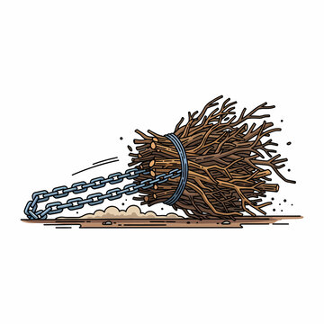 Tied Bundle of Branches Dragged With a Chain - Line Art Illustration