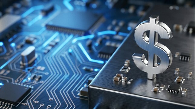 A close-up shot of a computer chip with a silver dollar symbol on it.