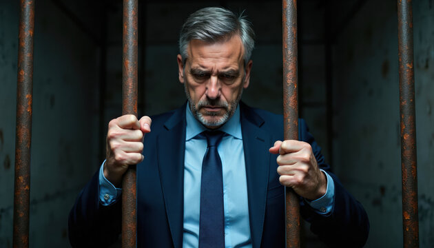 Mature man in business suit holds onto jail bars. Worried look suggests regret and consequences of financial crime. He is in dark prison cell after conviction for fraud.