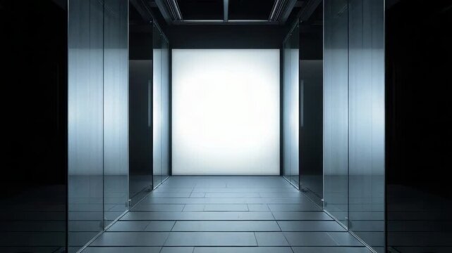 Minimalist illuminated corridor with reflective glass panel, glowing light panel and modern