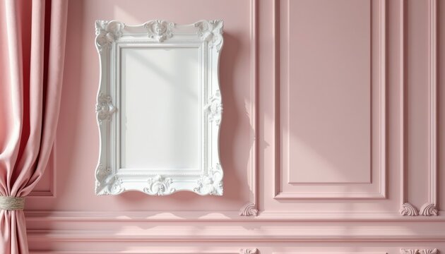 Empty ornate white picture frame hangs on pale pink wall with draped fabric. Mockup space for art or photo display in elegant room interior.